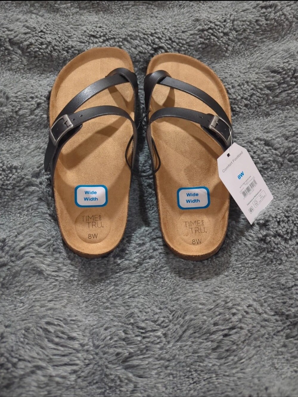 Women's Time and Tru Black Double-Strap Wide Width Sandals Size 8